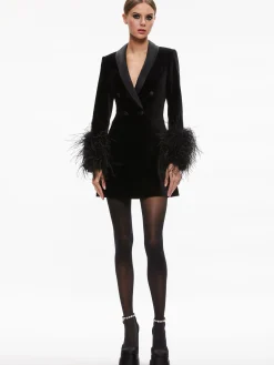 Alice and Olivia LATOYA FEATHER CUFF BLAZER MINI DRESS BLACK/BLACK*DRESSES | DRESSES | CLOTHING