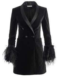 Alice and Olivia LATOYA FEATHER CUFF BLAZER MINI DRESS BLACK/BLACK*DRESSES | DRESSES | CLOTHING