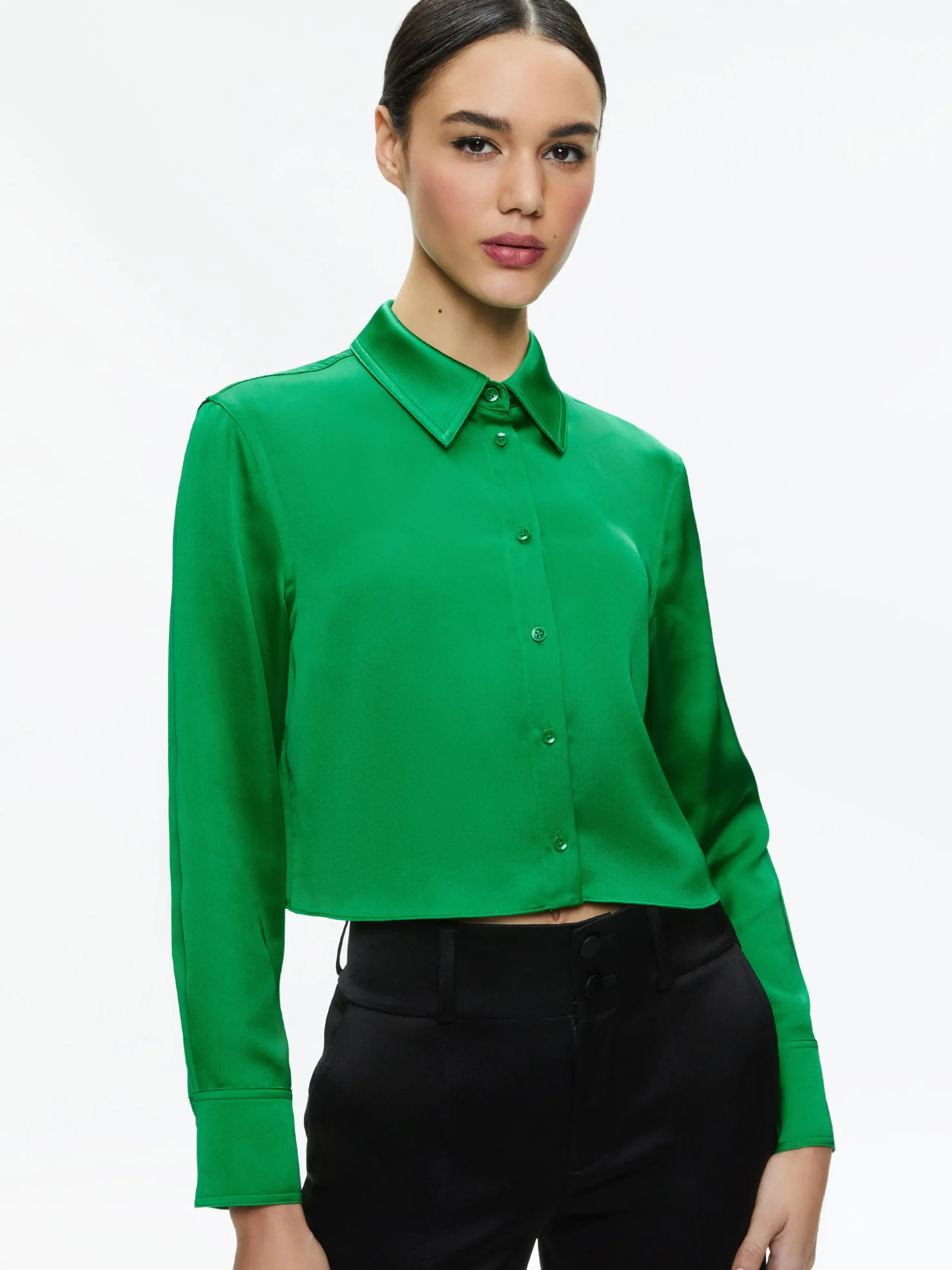 Alice and Olivia LEON CROPPED BUTTON DOWN LIGHT EMERALD*CLOTHING