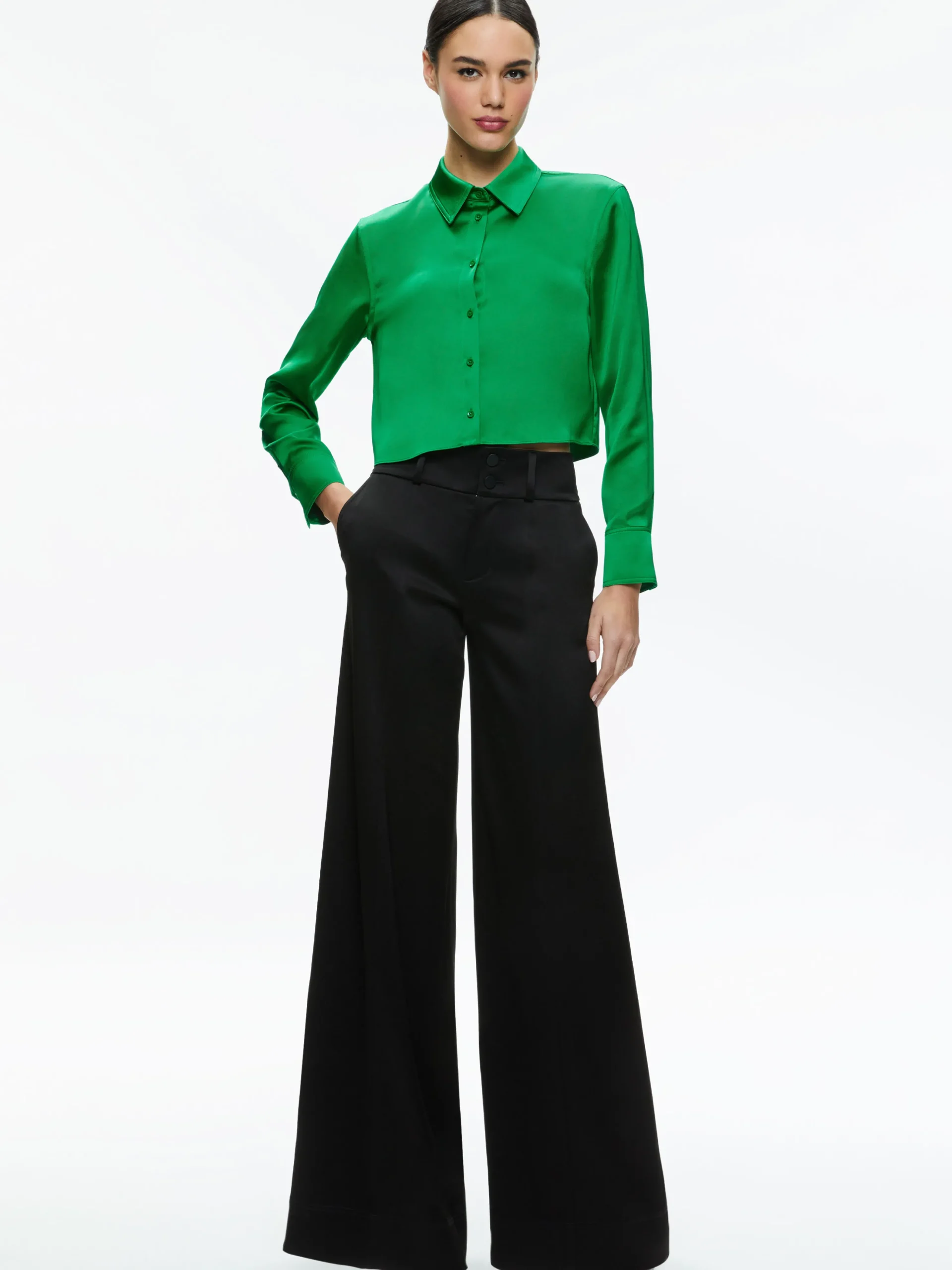 Alice and Olivia LEON CROPPED BUTTON DOWN LIGHT EMERALD*CLOTHING