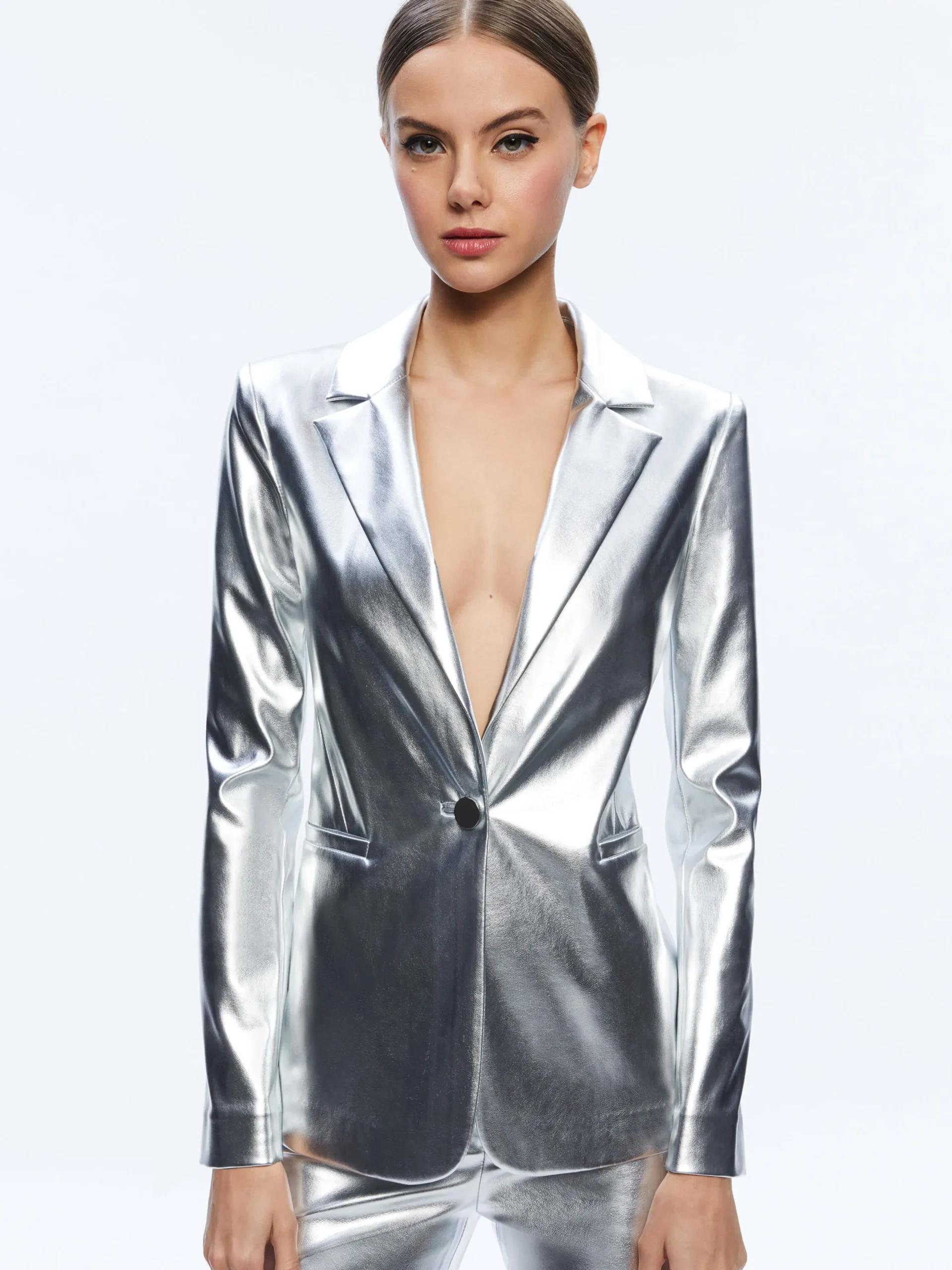 Alice and Olivia MACEY METALLIC VEGAN LEATHER BLAZER SILVER*FEATURED SHOPS | CLOTHING