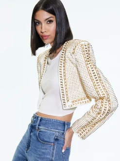 Alice and Olivia MAIRA CROPPED JACKET WITH CHAIN TRIM SOFT WHITE/PALE GOLD*CLOTHING