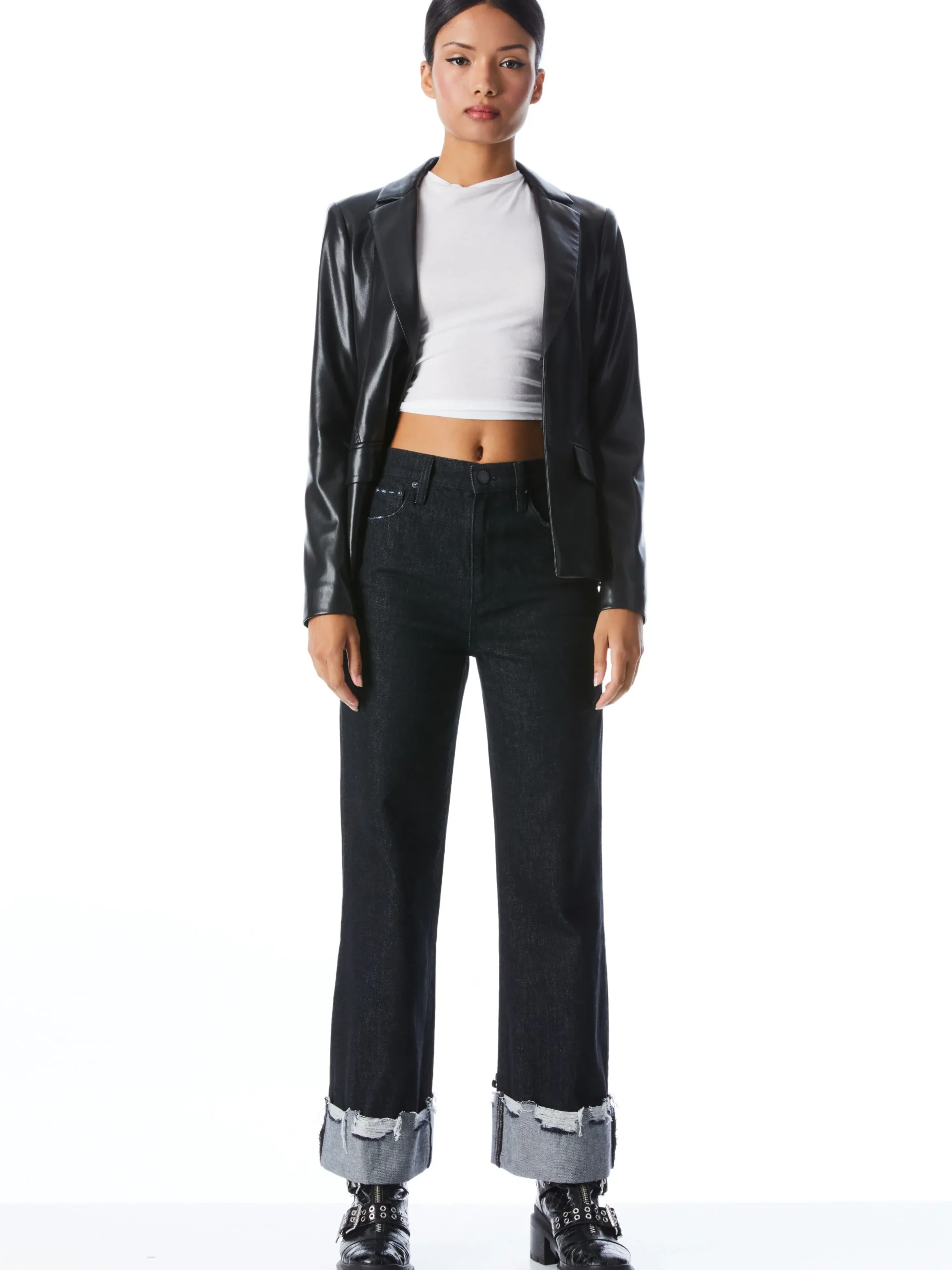 Alice and Olivia MYA VEGAN LEATHER NOTCH COLLAR BLAZER BLACK*FEATURED SHOPS | FEATURED SHOPS | CLOTHING