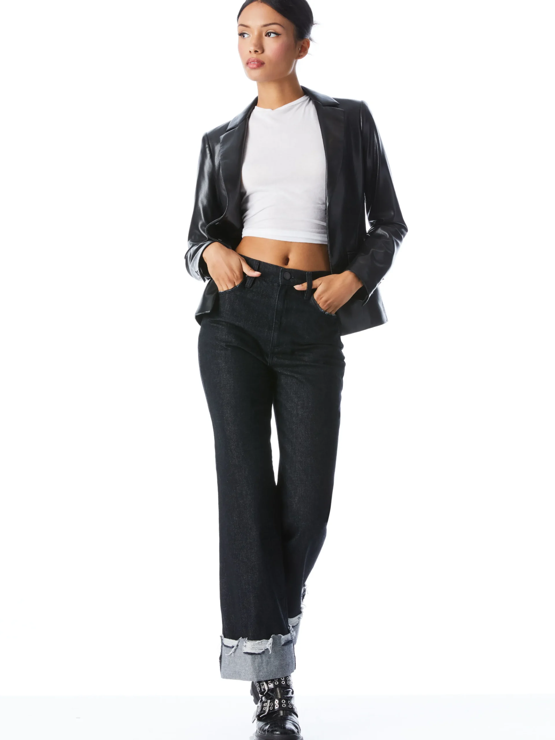 Alice and Olivia MYA VEGAN LEATHER NOTCH COLLAR BLAZER BLACK*FEATURED SHOPS | FEATURED SHOPS | CLOTHING