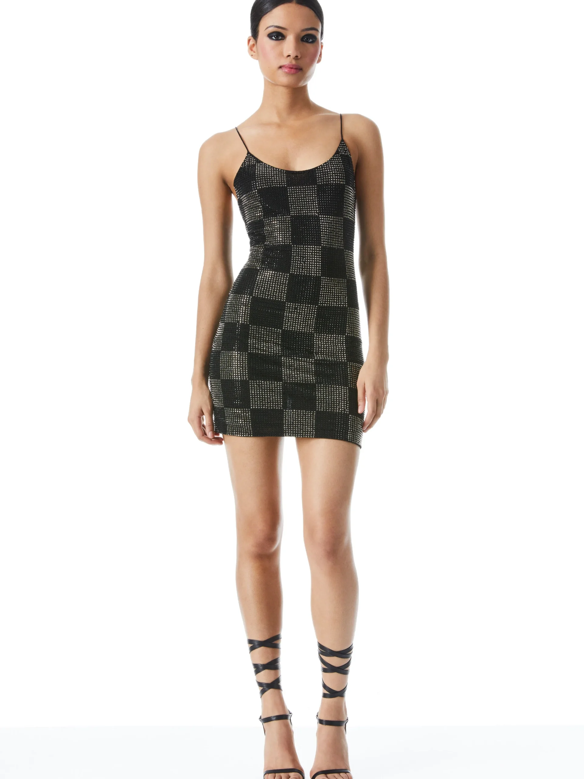 Alice and Olivia NELLE EMBELLISHED MINI DRESS CHECKERBOARD BLACK*CLOTHING