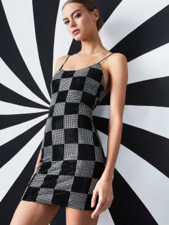 Alice and Olivia NELLE EMBELLISHED MINI DRESS CHECKERBOARD BLACK*CLOTHING