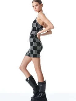 Alice and Olivia NELLE EMBELLISHED MINI DRESS CHECKERBOARD BLACK*CLOTHING