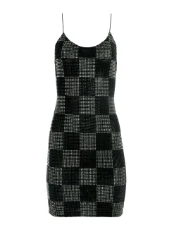 Alice and Olivia NELLE EMBELLISHED MINI DRESS CHECKERBOARD BLACK*CLOTHING