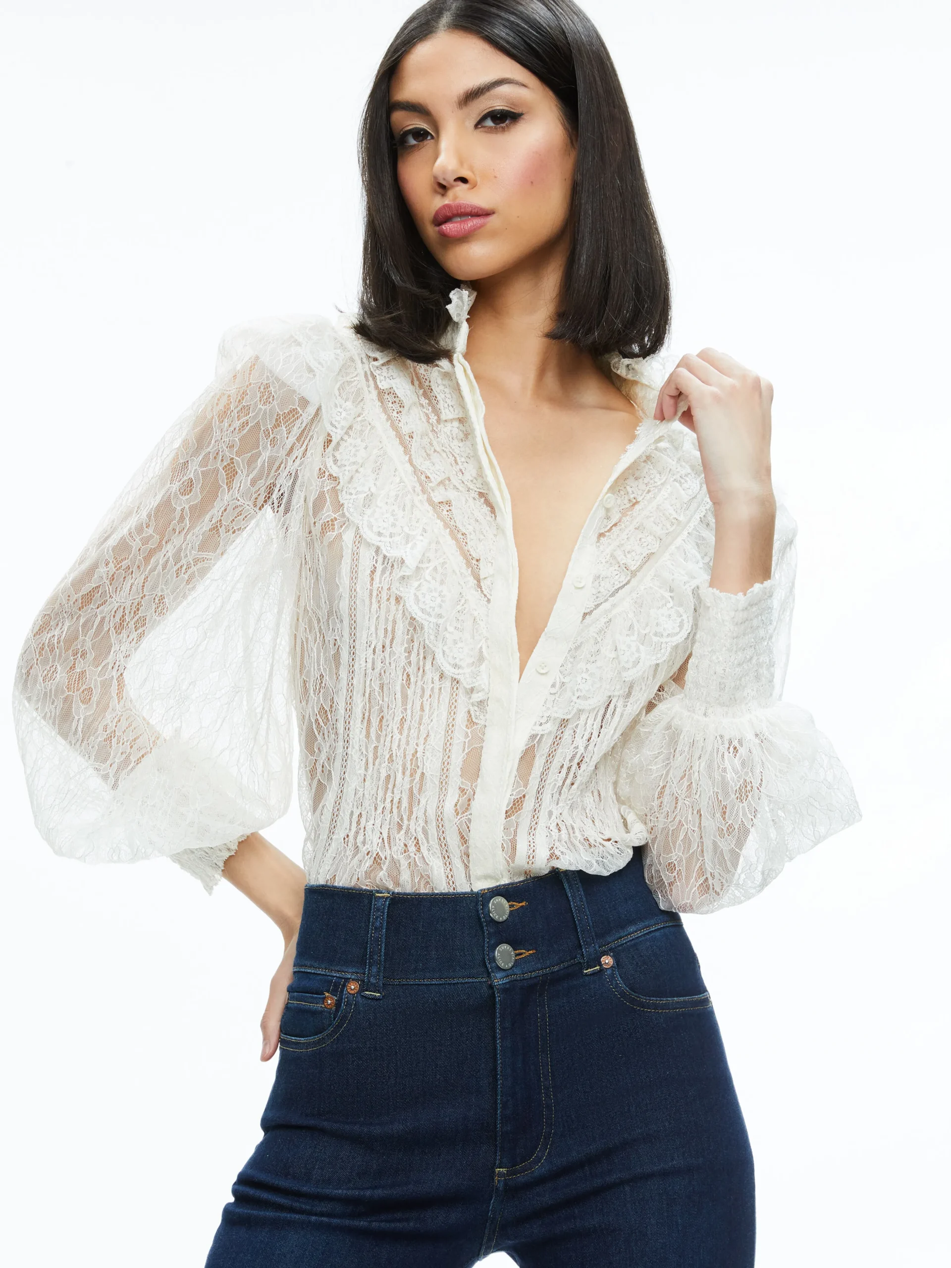 Alice and Olivia RHEBA MOCK NECK BUTTON FRONT LACE TOP OFF WHITE*FEATURED SHOPS | CLOTHING