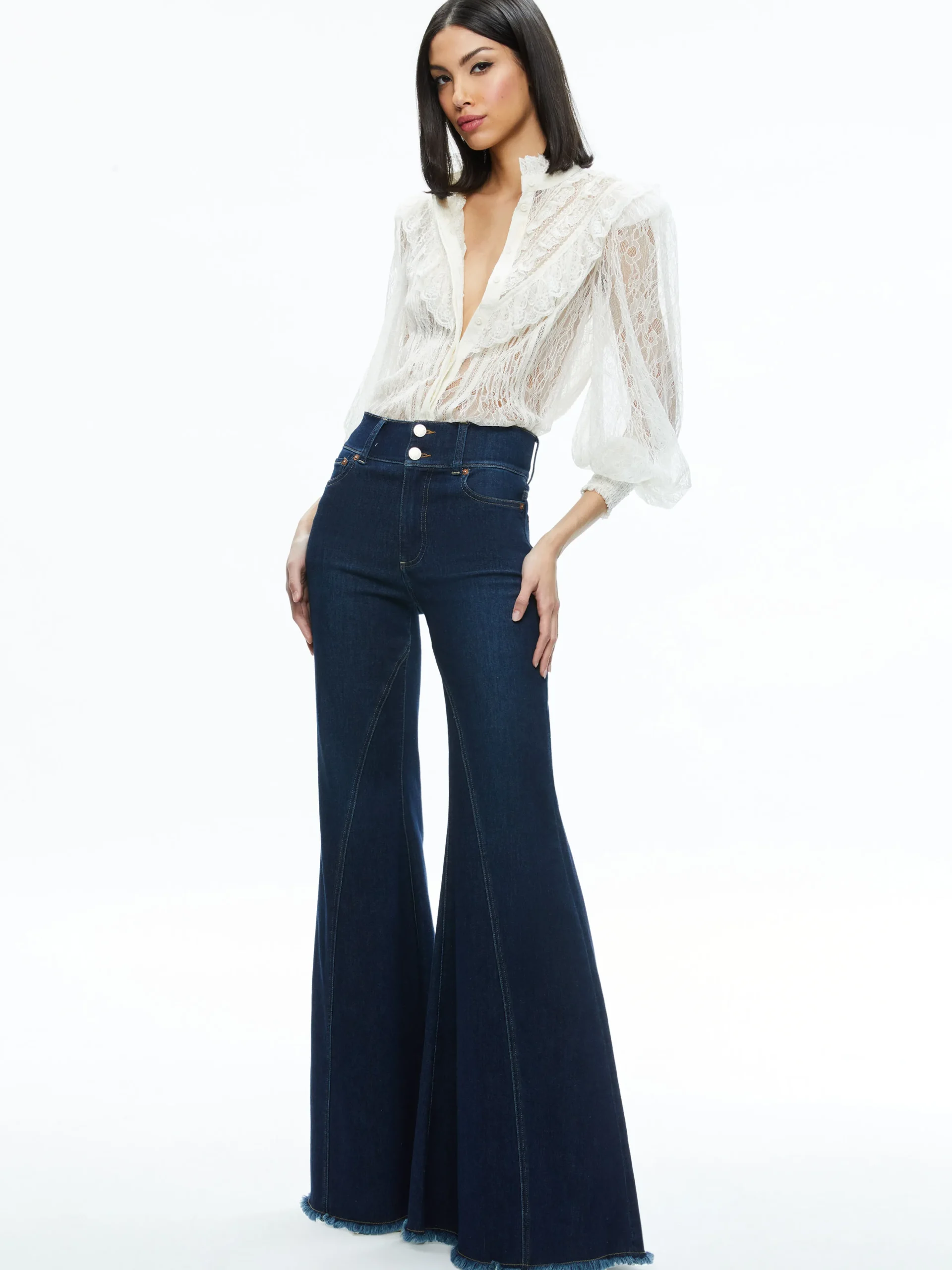 Alice and Olivia RHEBA MOCK NECK BUTTON FRONT LACE TOP OFF WHITE*FEATURED SHOPS | CLOTHING