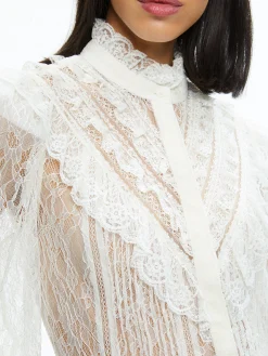 Alice and Olivia RHEBA MOCK NECK BUTTON FRONT LACE TOP OFF WHITE*FEATURED SHOPS | CLOTHING