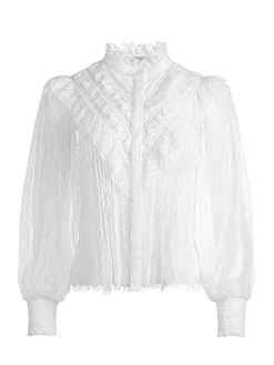 Alice and Olivia RHEBA MOCK NECK BUTTON FRONT LACE TOP OFF WHITE*FEATURED SHOPS | CLOTHING