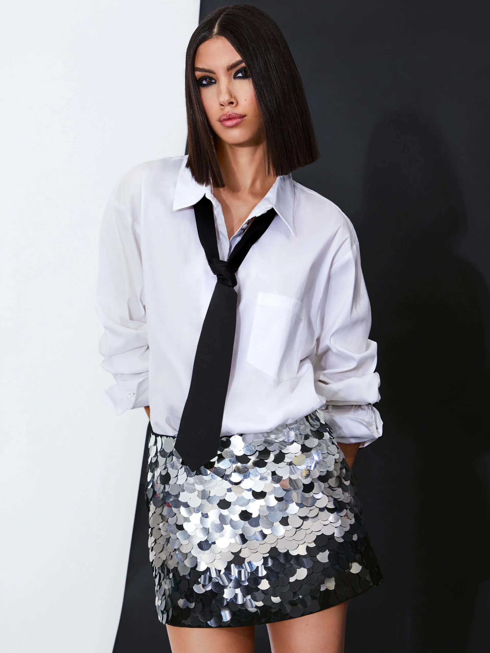 Alice and Olivia RUBI SEQUIN MINI SKIRT SILVER/BLACK*CLOTHING