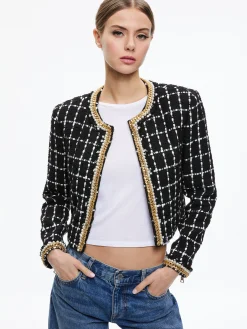 Alice and Olivia SABINA CHAIN TRIM TWEED JACKET BLACK/ECRU*CLOTHING