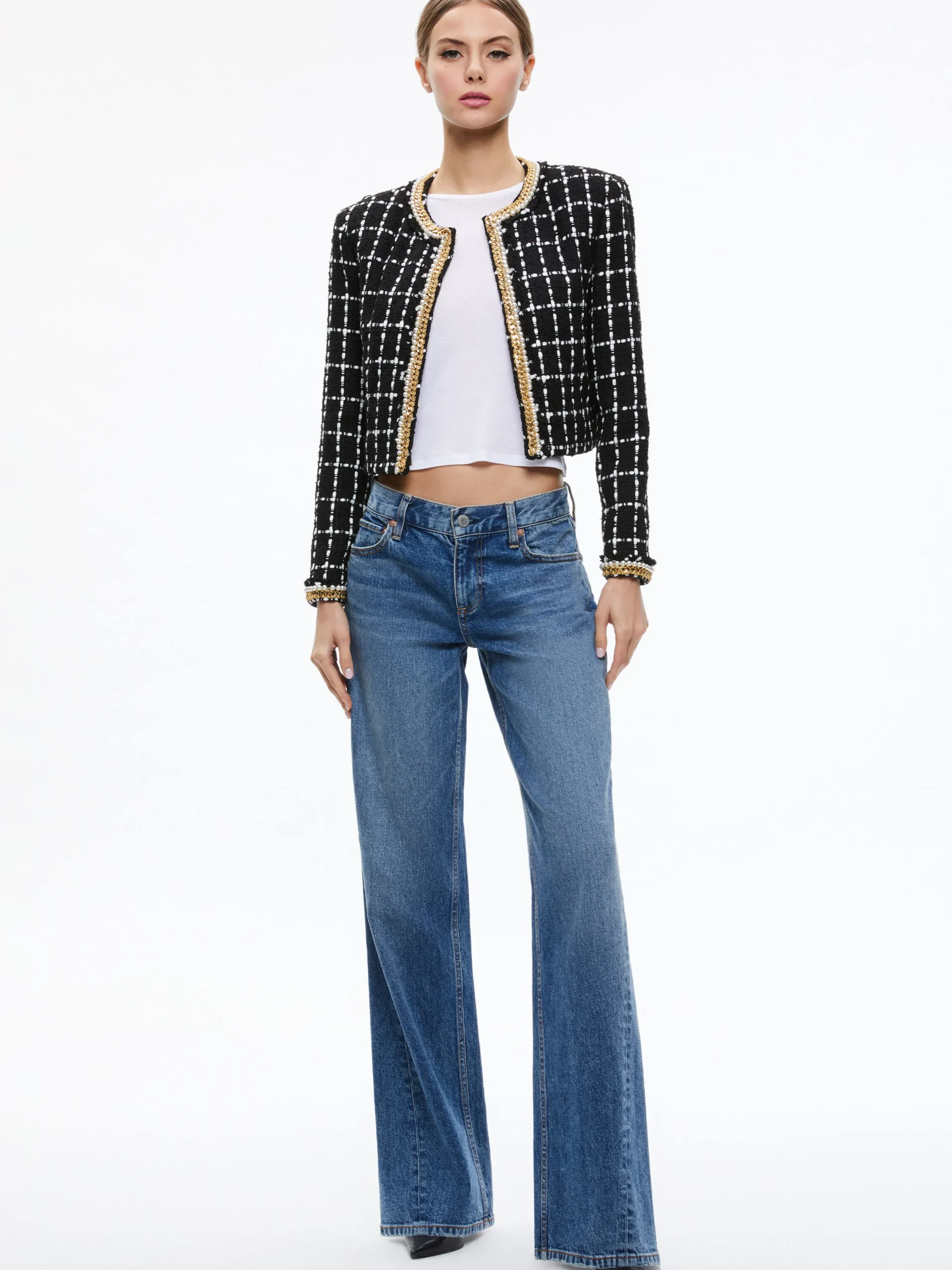 Alice and Olivia SABINA CHAIN TRIM TWEED JACKET BLACK/ECRU*CLOTHING
