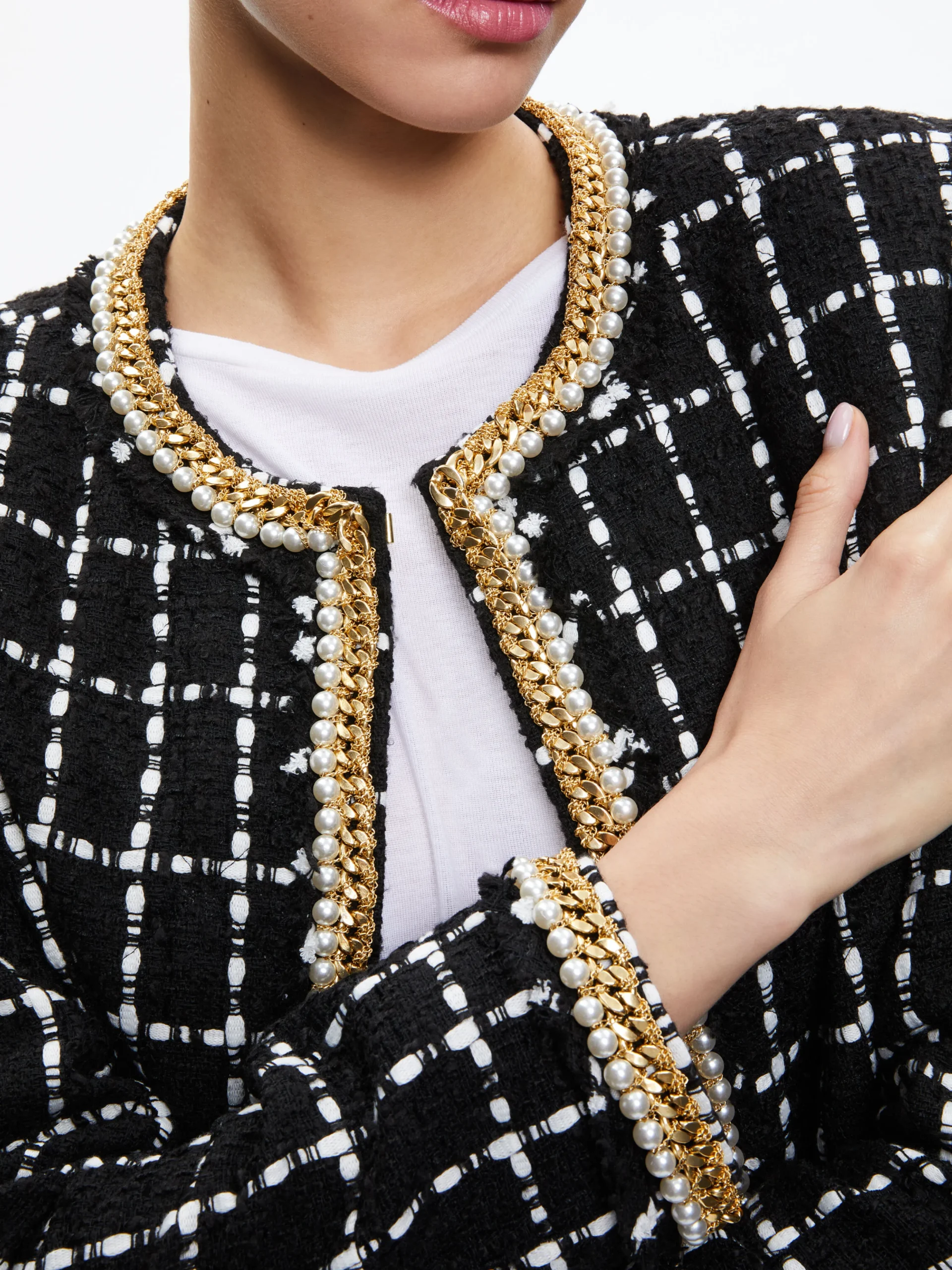 Alice and Olivia SABINA CHAIN TRIM TWEED JACKET BLACK/ECRU*CLOTHING