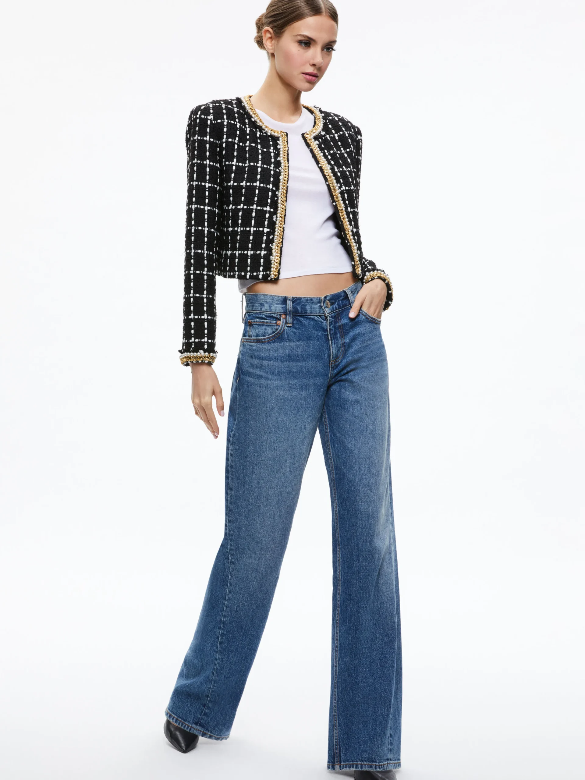 Alice and Olivia SABINA CHAIN TRIM TWEED JACKET BLACK/ECRU*CLOTHING