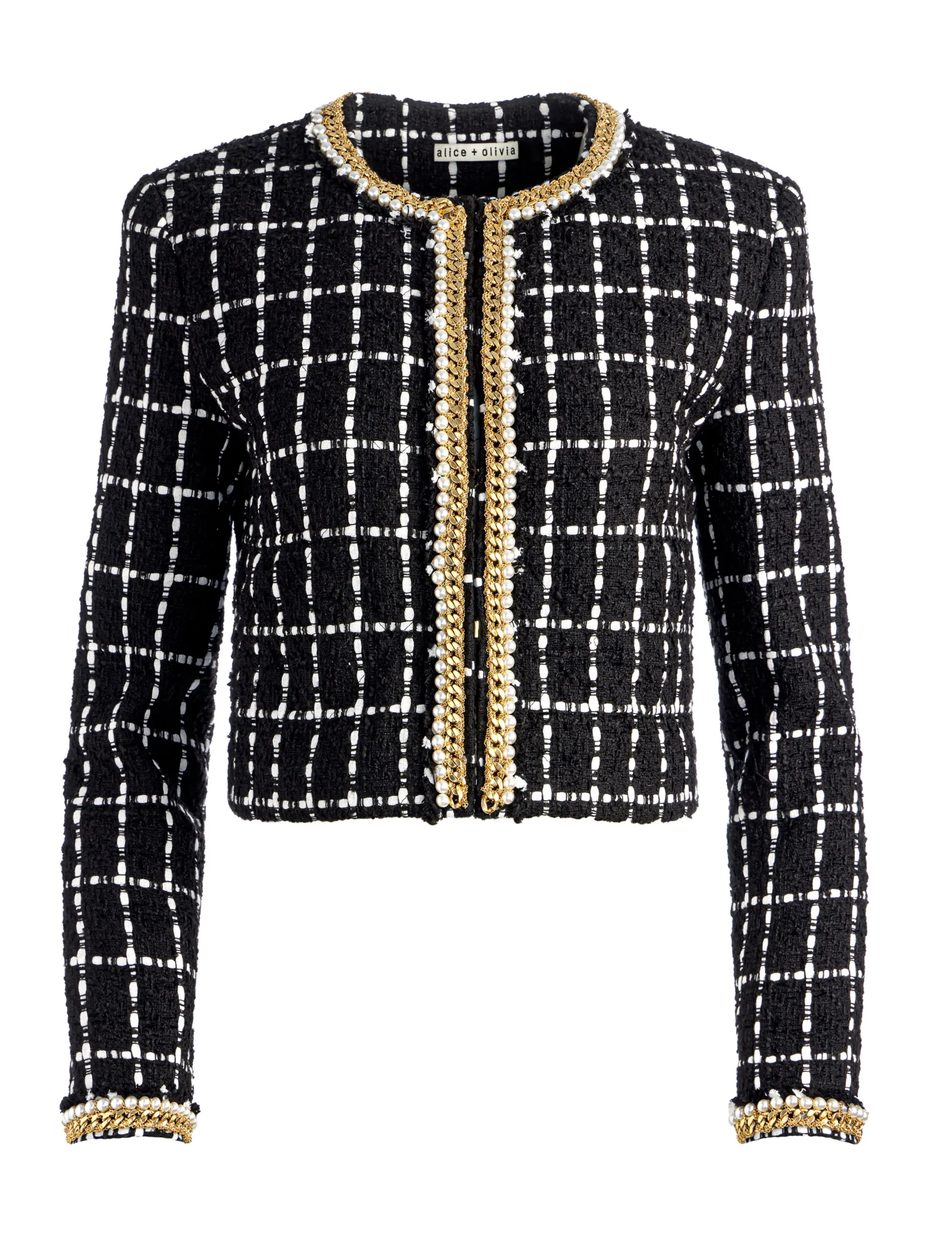 Alice and Olivia SABINA CHAIN TRIM TWEED JACKET BLACK/ECRU*CLOTHING