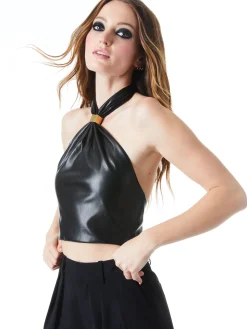 Alice and Olivia SADE VEGAN LEATHER HALTER NECK CROP TOP BLACK*CLOTHING