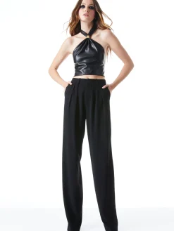 Alice and Olivia SADE VEGAN LEATHER HALTER NECK CROP TOP BLACK*CLOTHING