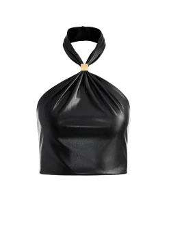 Alice and Olivia SADE VEGAN LEATHER HALTER NECK CROP TOP BLACK*CLOTHING