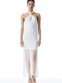 Alice and Olivia STEPH TWIST NECK FRINGE DRESS OFF WHITE*DRESSES | CLOTHING
