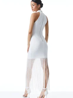 Alice and Olivia STEPH TWIST NECK FRINGE DRESS OFF WHITE*DRESSES | CLOTHING