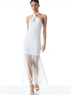 Alice and Olivia STEPH TWIST NECK FRINGE DRESS OFF WHITE*DRESSES | CLOTHING
