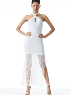 Alice and Olivia STEPH TWIST NECK FRINGE DRESS OFF WHITE*DRESSES | CLOTHING