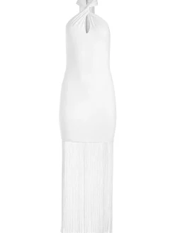 Alice and Olivia STEPH TWIST NECK FRINGE DRESS OFF WHITE*DRESSES | CLOTHING