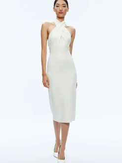 Alice and Olivia SUELLEN TWIST NECK HALTER MIDI DRESS ECRU*DRESSES | DRESSES | CLOTHING