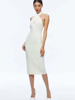 Alice and Olivia SUELLEN TWIST NECK HALTER MIDI DRESS ECRU*DRESSES | DRESSES | CLOTHING