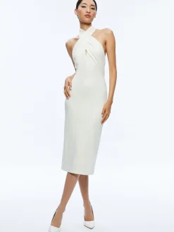Alice and Olivia SUELLEN TWIST NECK HALTER MIDI DRESS ECRU*DRESSES | DRESSES | CLOTHING