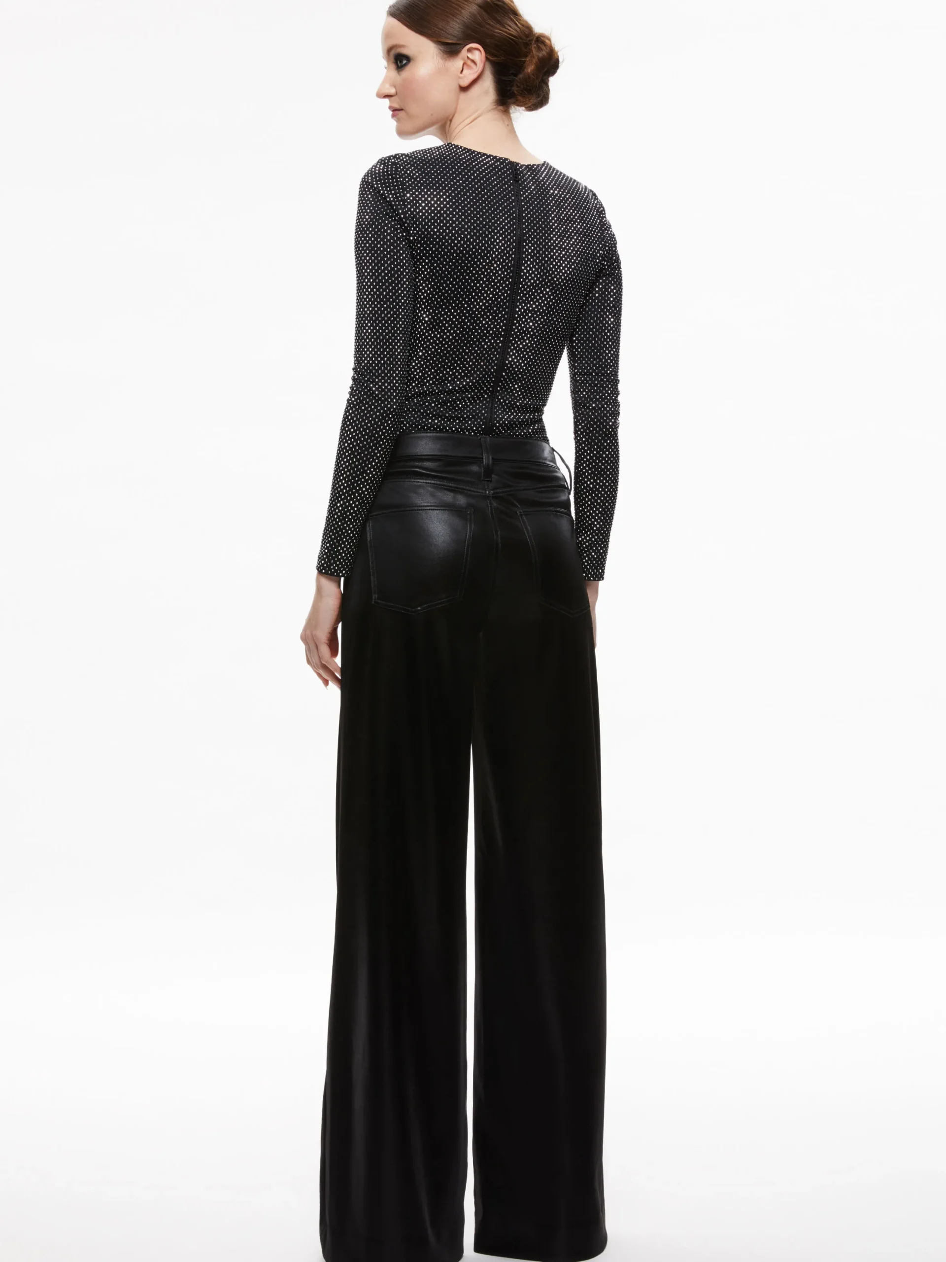 Alice and Olivia TAEYN EMBELLISHED CREW NECK BODYSUIT BLACK/SILVER*CLOTHING