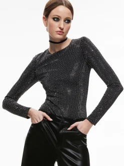 Alice and Olivia TAEYN EMBELLISHED CREW NECK BODYSUIT BLACK/SILVER*CLOTHING