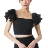 Alice and Olivia TAWNY EYELET SQUARE NECK RUFFLE CROP TOP BLACK*CLOTHING