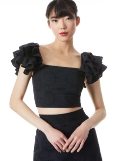 Alice and Olivia TAWNY EYELET SQUARE NECK RUFFLE CROP TOP BLACK*CLOTHING