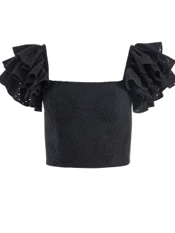 Alice and Olivia TAWNY EYELET SQUARE NECK RUFFLE CROP TOP BLACK*CLOTHING