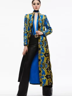 Alice and Olivia THOMAS EMBROIDERED MAXI COAT SAPPHIRE/BLACK*CLOTHING