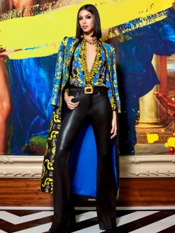 Alice and Olivia THOMAS EMBROIDERED MAXI COAT SAPPHIRE/BLACK*CLOTHING