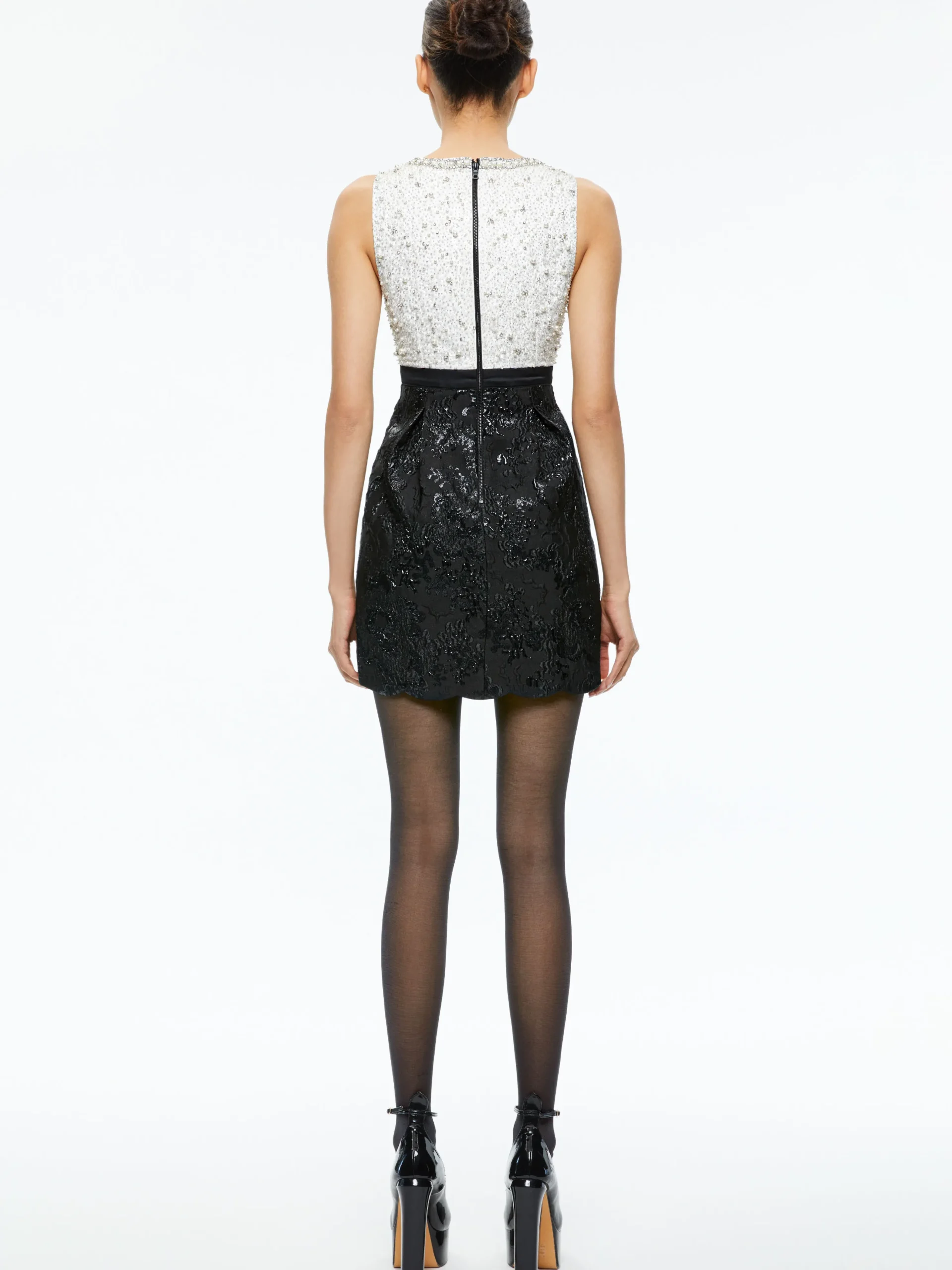 Alice and Olivia TRUE EMBELLISHED BODICE MINI DRESS OFF WHITE/BLACK*DRESSES | DRESSES | CLOTHING
