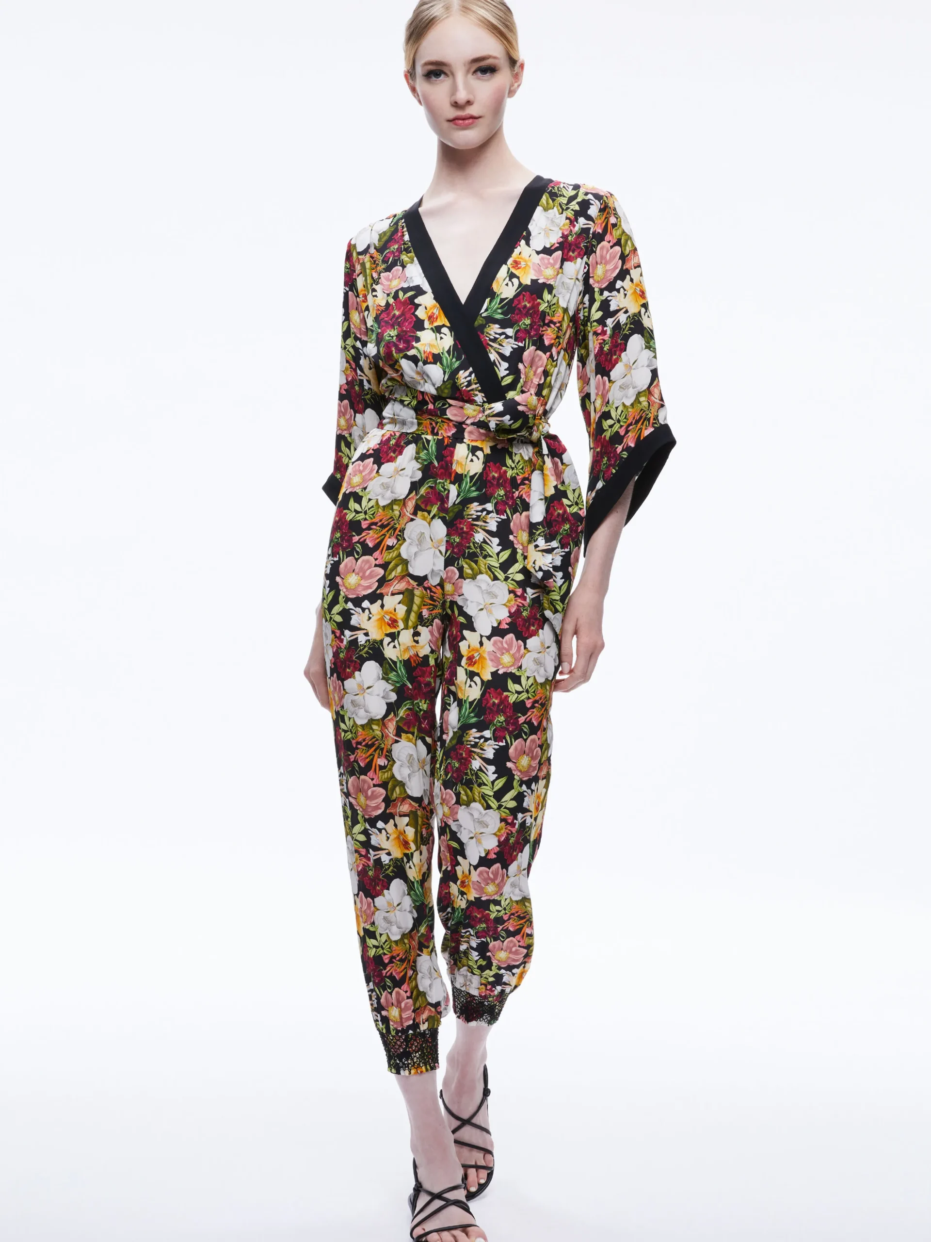 Alice and Olivia WALDA WRAP FRONT JUMPSUIT JUNIPER FLORAL BLACK*CLOTHING