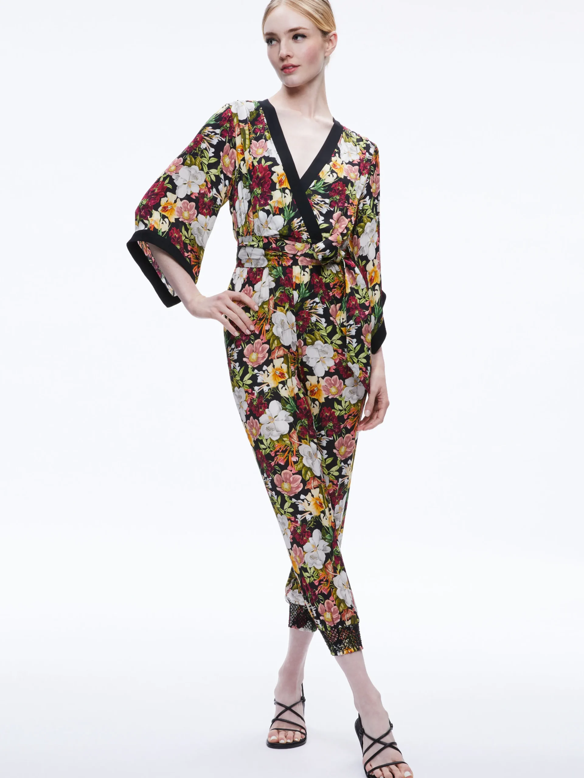 Alice and Olivia WALDA WRAP FRONT JUMPSUIT JUNIPER FLORAL BLACK*CLOTHING