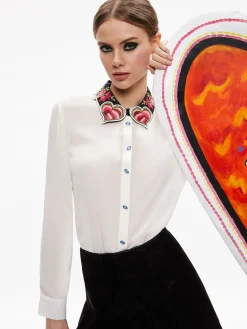 Alice and Olivia WILLA EMBROIDERED COLLAR PLACKET TOP ECRU*CLOTHING