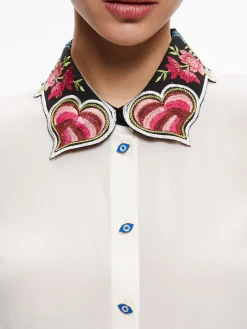 Alice and Olivia WILLA EMBROIDERED COLLAR PLACKET TOP ECRU*CLOTHING