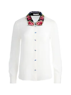 Alice and Olivia WILLA EMBROIDERED COLLAR PLACKET TOP ECRU*CLOTHING