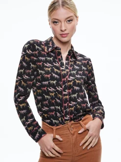 Alice and Olivia WILLA PLACKET TOP WITH PIPING RODEO BLACK*CLOTHING