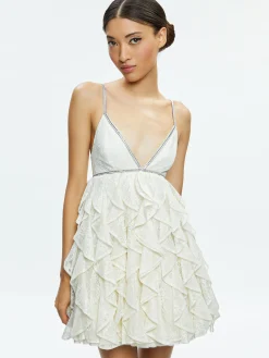 Alice and Olivia WILMARIE EMBELLISHED LACE RUFFLE MINI GOWN OFF WHITE*DRESSES | DRESSES | CLOTHING