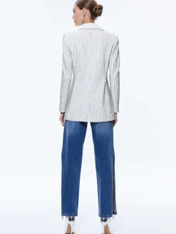 Alice and Olivia YONA PINSTRIPE EMBELLISHED BLAZER ECRU/CRYSTAL*CLOTHING