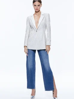 Alice and Olivia YONA PINSTRIPE EMBELLISHED BLAZER ECRU/CRYSTAL*CLOTHING